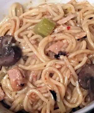 Turkey Tetrazzini, with mushrooms, turkey, celery, and turkey-mushroom sauce